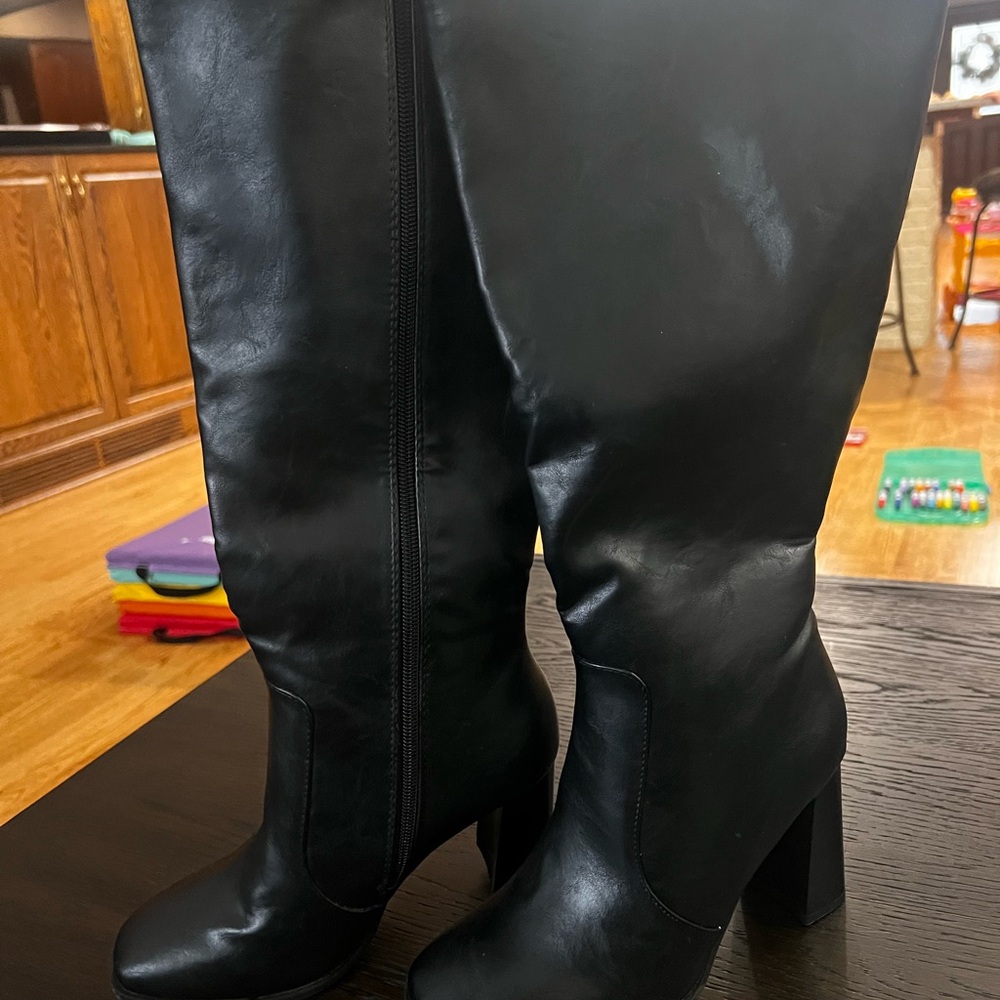 Black faux Leather Knee-High Boots with 3” heel